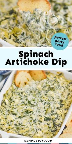 spinach artichoke dip in a white casserole dish with bread on the side