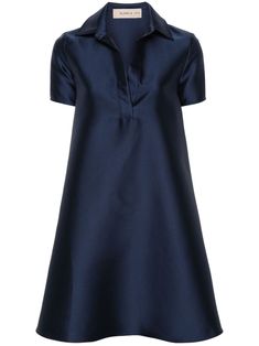 navy blue twill weave textured finish A-line classic collar split neck short sleeves buttoned cuffs two side inset pockets thigh-length straight hem Mikado Dress, Satin Shirt Dress, Beautiful Wardrobe, Mini Dress Blue, Wardrobe Inspiration, Dress Mini, Elbow Length Sleeve, Lookbook Outfits, Cocktail Dress Party