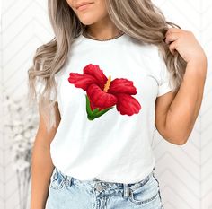 Add a touch of passion and energy to your wardrobe with our Red Flower Shirt. This beautiful women's top features a bold floral print of red flowers that's perfect for any occasion. Made from high-quality materials, this shirt is comfortable and breathable, with short sleeves and a classic design. It is available in a range of sizes, colors, and designs to match your personal style. Pair it with your favorite jeans or shorts for a casual look, or dress it up with a skirt for a more formal event. This package includes one Red Flower Shirt in your size and color of choice, so don't miss out on this must-have floral fashion item for any occasion! # red flower shirt, floral print shirt, women's floral top, cotton shirt, short sleeve shirt, bright colors, comfortable shirt, versatile shirt, sum Spring Tropical Red Top, Tropical Red Top For Spring, Tropical Crew Neck Top With Floral Print, Tropical Floral Print Crew Neck Top, White Shirt With Hibiscus Print For Spring, Spring Hibiscus Print Relaxed Fit Top, Tropical Spring Top With Plant Print, Bold Floral Print, Botanical Shirt