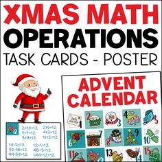 a christmas themed poster with santa clause on it and the words xmas math operations task cards