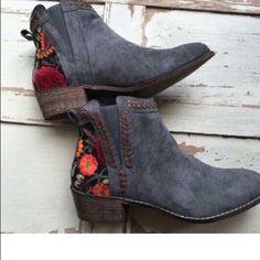 These Little Booties Have Been Selling For Us Like Crazy! They Are A Pull On Bootie And Really Work Best For Average To Narrow Feet As Far As Pulling On.! We Have Limited Stock Remaining! Casual Boots With Floral Embroidery And Round Toe, Casual Fall Boots With Floral Embroidery, Grey Ankle Boots, Luxury Boots, Womens Black Booties, Faux Suede Boots, Black Camel, Rounded Toe Boots, Embroidered Details