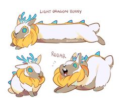 some type of pokemon character with blue eyes and yellow hair, sitting on the ground next to a sign that says light dragon bunny