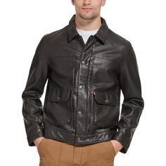 in stock Levi's Classic Winter Leather Jacket, Levi's Leather Jacket With Pockets For Winter, Fall Leather Outerwear With Multiple Pockets, Utility Leather Outerwear With Pockets, Levi's Leather Jacket For Winter, Leather Sport Coat With Pockets For Fall, Classic Levi's Outerwear With Snap Buttons, Casual Leather Utility Jacket With Pockets, Casual Leather Sport Coat With Pockets