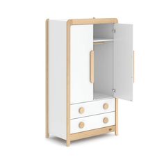 a white and wood cabinet with drawers on one side, the door is open to reveal an empty drawer