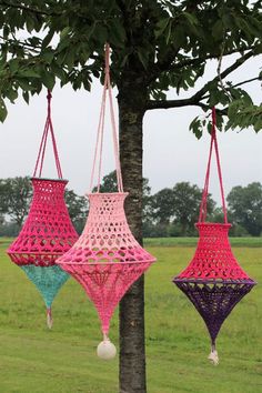 two pink and green hanging baskets on a tree