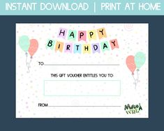 a birthday gift certificate with balloons and streamers on the front, in pastel colors