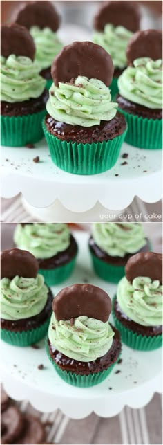 cupcakes with green icing and chocolate frosting on top are shown in three different views