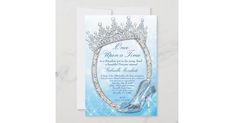 a blue shoe and tiara wedding card with the words, no one upon time on it