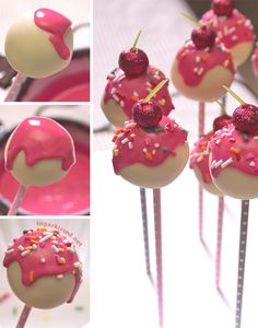 there are many pink and white desserts on sticks