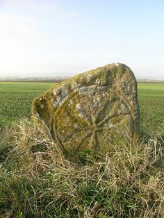 a large rock sitting on top of a lush green field