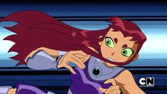 an animated image of a woman with red hair and green eyes holding a purple object