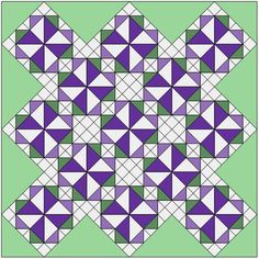 an image of a purple and green quilt pattern with squares in the shape of hexagons