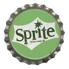 a bottle cap with the word sprite in green and white, on a white background