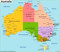 australia map with all the major cities and their respective names in red, yellow, green, blue