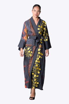 Gray embroidered kimono robe Long Kimono Outfit Dressy, Long Kimono Outfit, Bride Robe Lace, Bridal Dressing Gown, Silk Robe Long, Bridal Kimono, Embroidered Robes, Traditional Japanese Kimono, Kimono Outfit