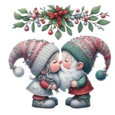 two gnomes kissing each other with holly and berries around them