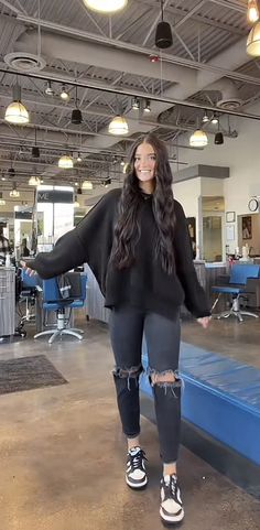 Salon All Black Outfit, Work Outfit Hairstylist, All Black Beauty School Outfits, All Black Cosmo Outfits, Black Hair Fall Outfit, Working In A Salon Outfit, Aveda Outfits Black, Outfit For Hairstylist, All Black Outfit For Hairstylist