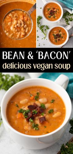 bean and bacon delicious vegan soup in a white bowl