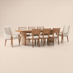 a dining table and chairs with white upholstered backrests, on an off - white background