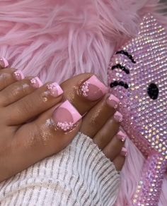 Toe Nail Designs Black Women, Nails For Black People, Pink French Tip Pedicure, Rhinestone Toenails, Toe Pedicure Ideas, Acrylic Toes Black Women, French Tip Toes With Design, Toes Acrylic Toenails