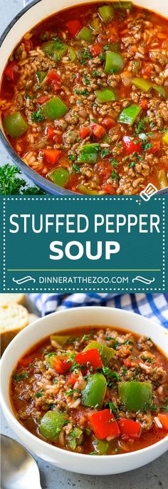 a bowl of stuffed pepper soup is shown with the title above it, and an image of