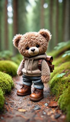 a teddy bear with a backpack is standing in the woods on a mossy path