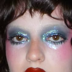 Editorial Photoshoot Aesthetic, Ice Skater Makeup, Rocky Horror Makeup Looks, Glitter Drag Makeup, Rocky Horror Inspired Makeup, Rocky Horror Makeup Ideas, Sugarplum Fairy Makeup, Candy Inspired Makeup, Funky Makeup Creative