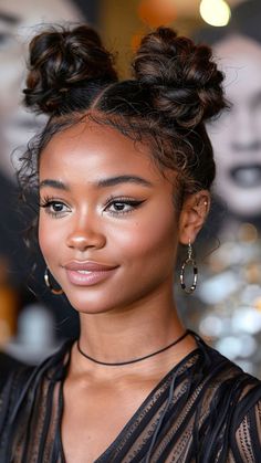 Cute Updos For Work Nurse, Braids In Space Buns, Curly Short Hairdo, Hairstyles With Earrings, B2 Hair Styles, African American Prom Hairstyles, Quick And Easy Gym Hairstyles, Messy Ballerina Bun, Slick High Bun Hairstyles