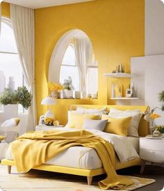 a bedroom with yellow walls and white furniture in the corner, along with an arched window