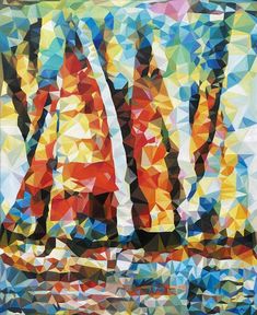 an abstract painting of trees and water with colorful triangles in the foreground, on a white background