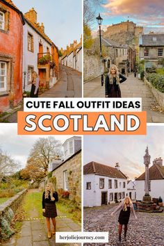 the scottish countryside with text overlay that reads cute fall outfit ideas scotland, including black and