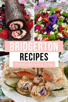 the collage shows different types of sandwiches and desserts with text overlay that reads, bridgerton recipes