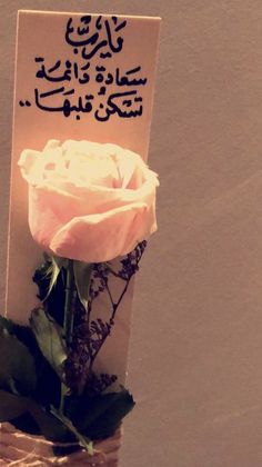 a pink rose sitting on top of a piece of paper next to a sign with writing