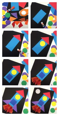 the process for making an art project with construction paper and colored circles on black paper