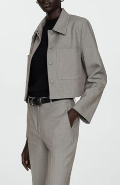 Bold yet minimalist, this menswear-inspired jacket is made from stretchy suiting fabric and cropped to create a contemporary shape. Front button closure Point collar Chest patch pockets Lined 66% polyester, 30% viscose, 4% elastane Spot clean Imported Office Cropped Jacket, Single Breasted, Collared, Tailored Cropped Jacket With Notch Lapel And Pockets, Tailored Cropped Button-up Jacket For Work, Notch Lapel Cropped Jacket With Pockets For Workwear, Tailored Cropped Jacket With Lapel Collar For Work, Cropped Jacket With Notch Lapel And Pockets For Workwear, Fitted Cropped Jacket With Notch Lapel And Pockets, Fitted Cropped Jacket With Pockets For Office, Collared Cropped Jacket With Pockets For Office