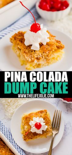 pine colada dump cake with whipped cream and cherries on top, served in white plates