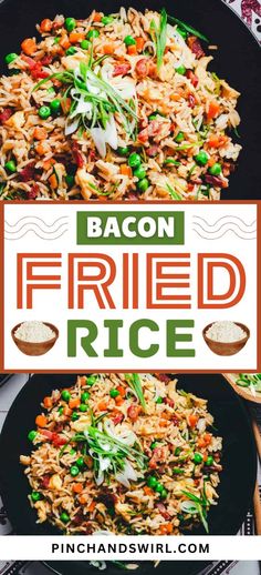 bacon fried rice with peas and carrots in a black skillet on a table