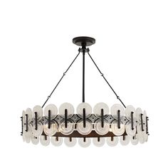 a black chandelier with white plates hanging from it's center and bottom