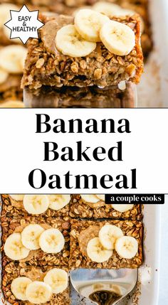 banana baked oatmeal with granola in the middle and sliced bananas on top