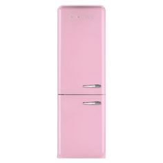 a pink refrigerator freezer sitting on top of a white wall