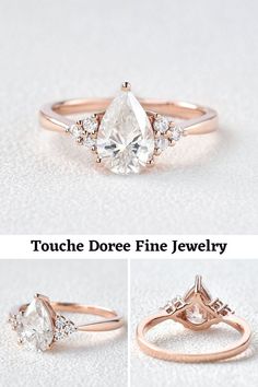 three different views of a rose cut diamond ring with diamonds on each side and the words touche doree fine jewelry