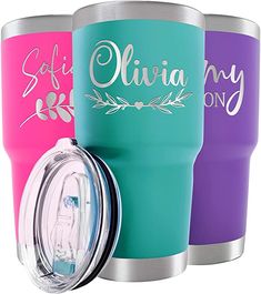 three different colored tumblers with the name elivia on them, one is pink and one is blue