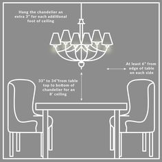 the chandelier is shown with measurements to fit into the dining room table and chairs