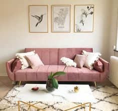 a living room with pink couches and pictures on the wall above them, along with a coffee table