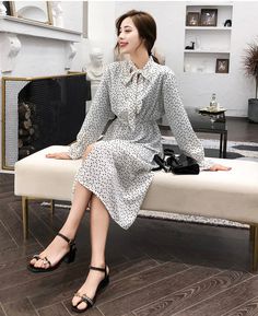 Women White Dress Elegant Stand Collar Polka Dot Flare Sleeve Side Split JKP3867 Fitted Chiffon Dress For Spring Workwear, Fitted Chiffon Dress For Workwear, Casual Polka Dot Chiffon Dresses, Polka Dot Chiffon Long Sleeve Dress, Long Sleeve Polka Dot Floral Dress, Polka Dot Long Sleeve Chiffon Dress, Long Sleeve Chiffon Dress With Polka Dots, Leather Pants Style, Side Split Dress