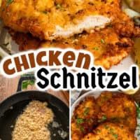 chicken schnitzel collage with images of different types of meats and seasonings