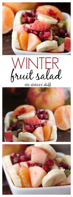 fruit salad is shown in three different pictures with the words winter brule salad above it