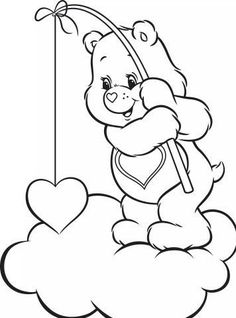 a teddy bear fishing in the clouds with a heart on it's tail and holding a