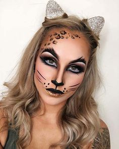 Adult Cat Makeup Halloween, Kitty Cat Halloween Makeup, Cougar Face Paint, Cat Costumes Women, Halloween Make Up Looks, Karneval Diy, Makeup Ideas For Halloween