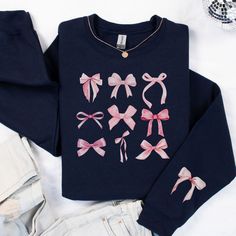 Coquette Sweatshirt, Pink Bow Sweatshirt, Trendy Ribbon Crewneck, Cute Ribbon Sweatshirt, Womens Ribbon Sweatshirt, Girly Preppy Sweatshirt with Sleeve Print 💖Our Sweatshirts are Ideal for any situation, a unisex heavy blend crewneck sweatshirt is pure comfort. This will definitely become your favorite sweatshirt! These garments are made from polyester and cotton. This combination helps designs come out looking fresh and beautiful. The collar is ribbed knit, so it retains its shape even after w Pink Long Sleeve Top As A Gift, Pink Long Sleeve Top Suitable For Gifting, Cute Long Sleeve Tops As Gift, Pink Top As Gift For Fall, Cute Long Sleeve Tops As A Gift, Pink Top As Fall Gift, Coquette Sweatshirt, Bow Sweatshirt, Girly Preppy